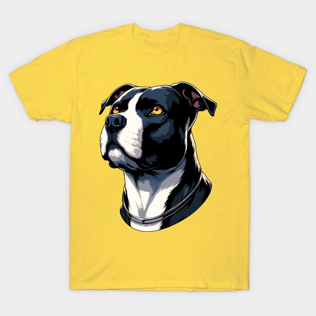 Stunning and Cool American Staffordshire Terrier Monochrome and Gold Portrait for Father's Day T-Shirt by ArtRUs